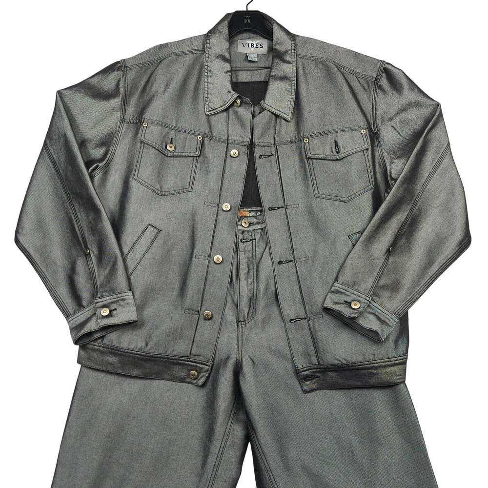 Vibes Mens Metallic Silver Denim Jacket Pants Set XL 36x32 Outfit Vintage HipHop